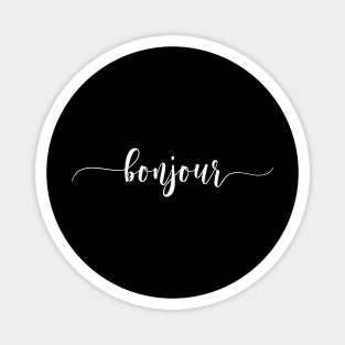 Bonjour Hello in French White Lettering Typography Art Magnet